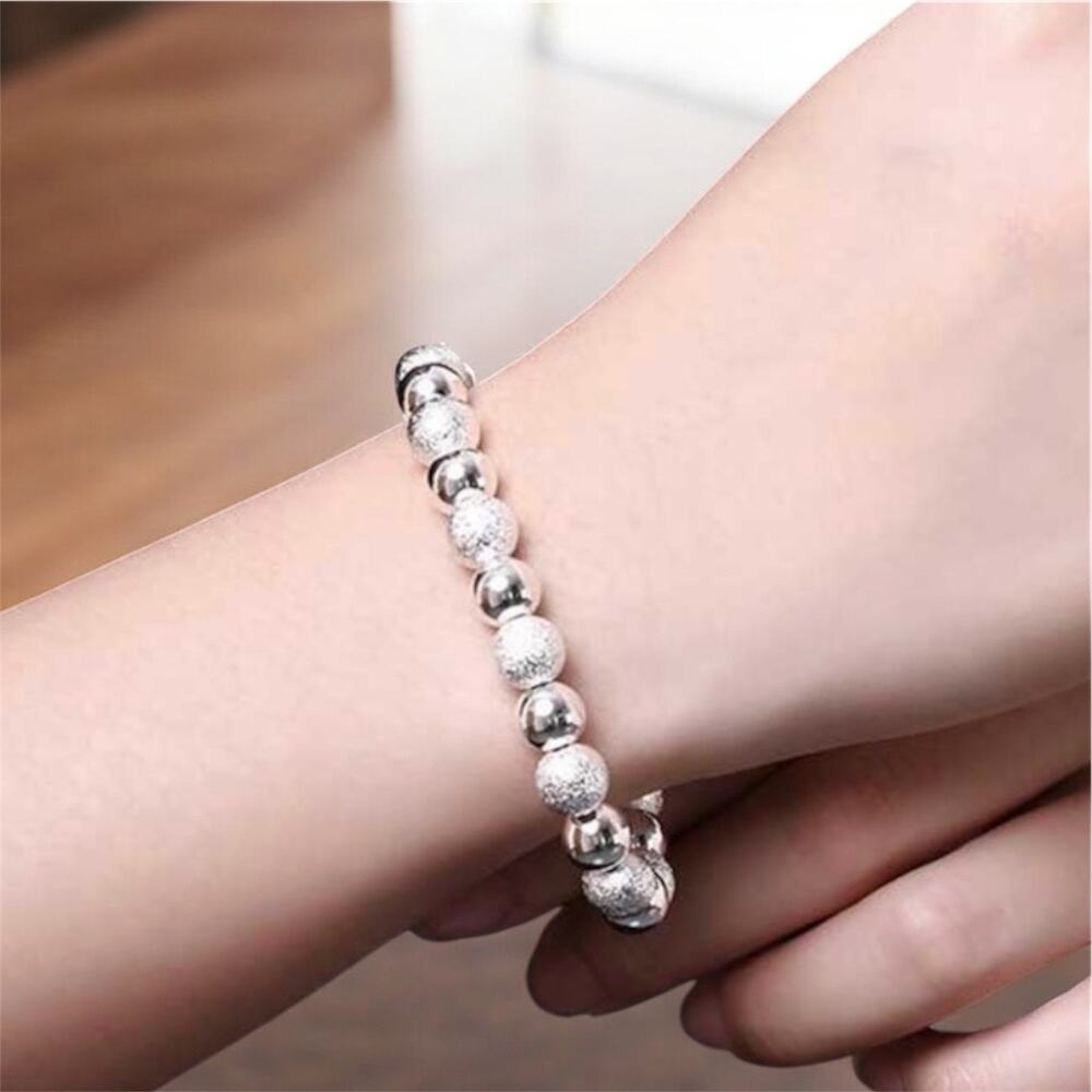 8MM Frosted Beads charm 925 Stamped Silver Plated  Bracelet 20CM